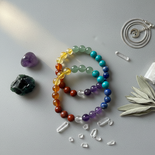 Detailed close-up of authentic 7 chakra beads including Amethyst, Lapis Lazuli, Sodalite, Green Aventurine, Citrine, Carnelian, Red Jasperand Clear Quartz