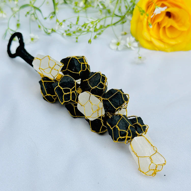 lack Tourmaline and Selenite crystal hanger for protection, negative energy removal, and home cleansing decor