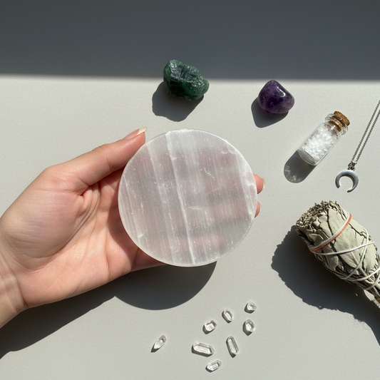 Buy 100% Natural Selenite Square/Round Charging Plates. Effortlessly cleanse and recharge your crystal bracelets, rings, and malas. Reiki-energized for Vastu & Healing.