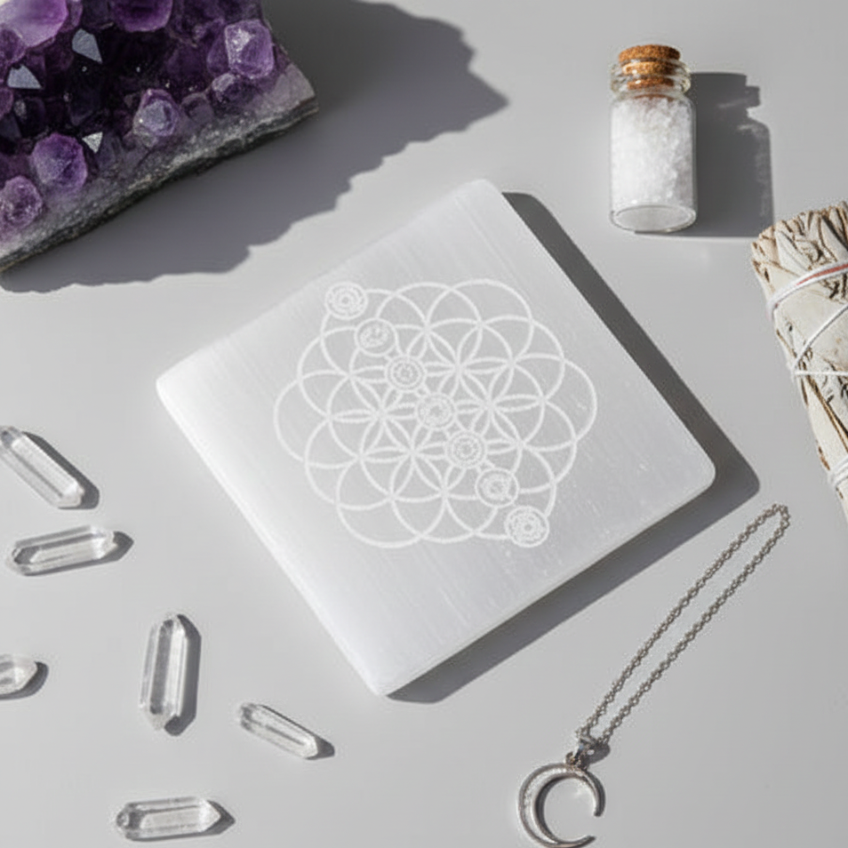Handmade Selenite Charging Bowl - Round Crystal Energy Cleansing Plate For Jewelry, Crystals & Meditation
