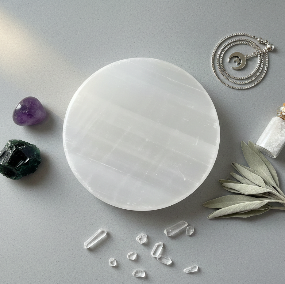 Buy 100% Natural Selenite Square/Round Charging Plates. Effortlessly cleanse and recharge your crystal bracelets, rings, and malas. Reiki-energized for Vastu & Healing.