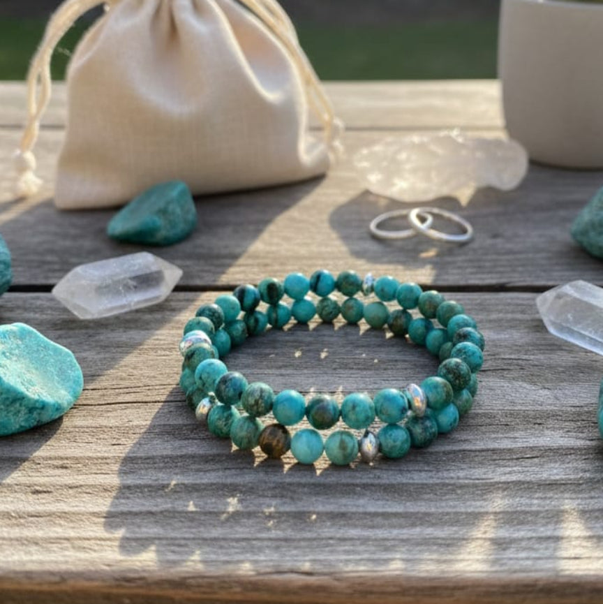 Genuine Chrysocolla gemstone bracelet used for meditation and stress relief