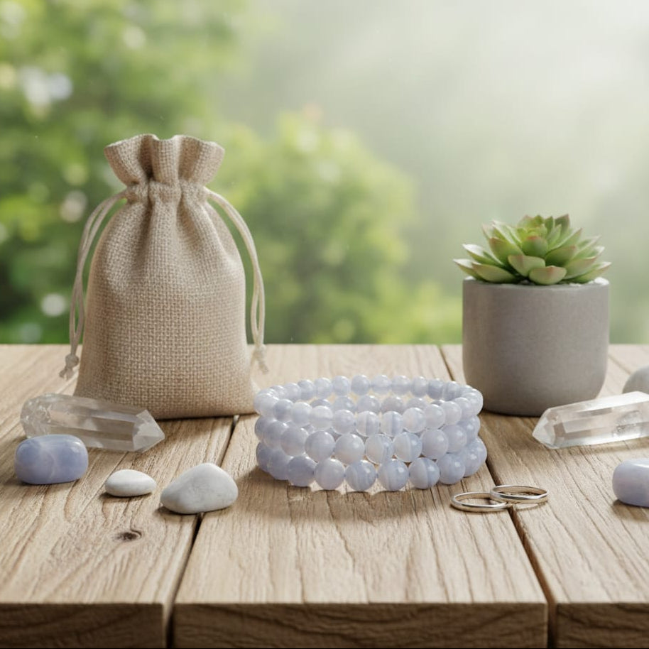 Blue Lace Agate healing crystal bracelet in a premium storage pouch