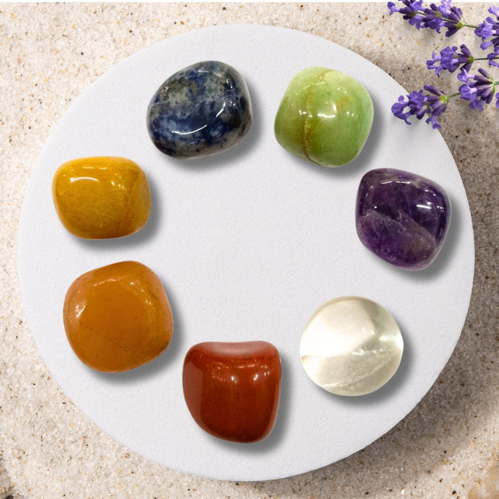 Natural 7 Chakra tumble stone set for energy healing and meditation