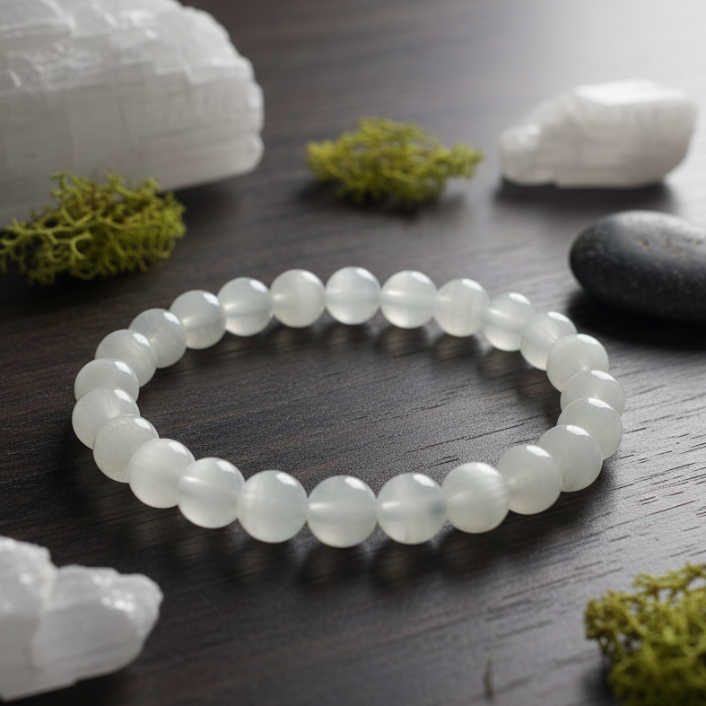 Natural 8mm white Selenite bracelet for aura cleansing and mental clarity