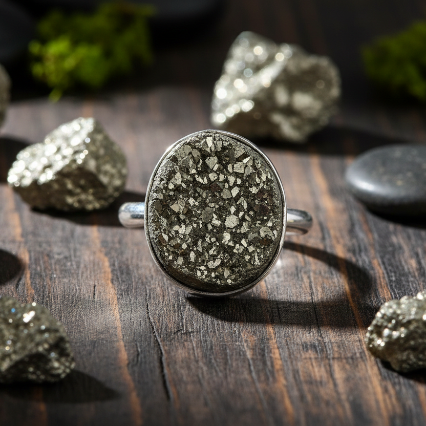 Energized and Reiki-charged Pyrite healing ring for financial abundance