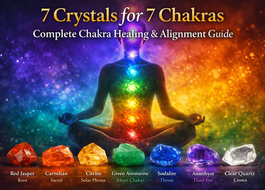 Meditating person with 7 chakra crystals placed on body – Red Jasper, Carnelian, Citrine, Green Aventurine, Sodalite, Amethyst and Clear Quartz for chakra healing and alignment.
