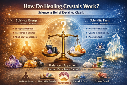 Infographic explaining how healing crystals work, showing the balance between science and spiritual belief with crystals like Amethyst, Citrine, Clear Quartz, and Black Tourmaline.