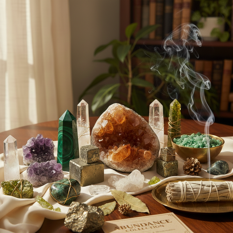 Healing crystals for Abundance and Wealth by DJ Crystals - Pyrite, Citrine, and Green Aventurine.