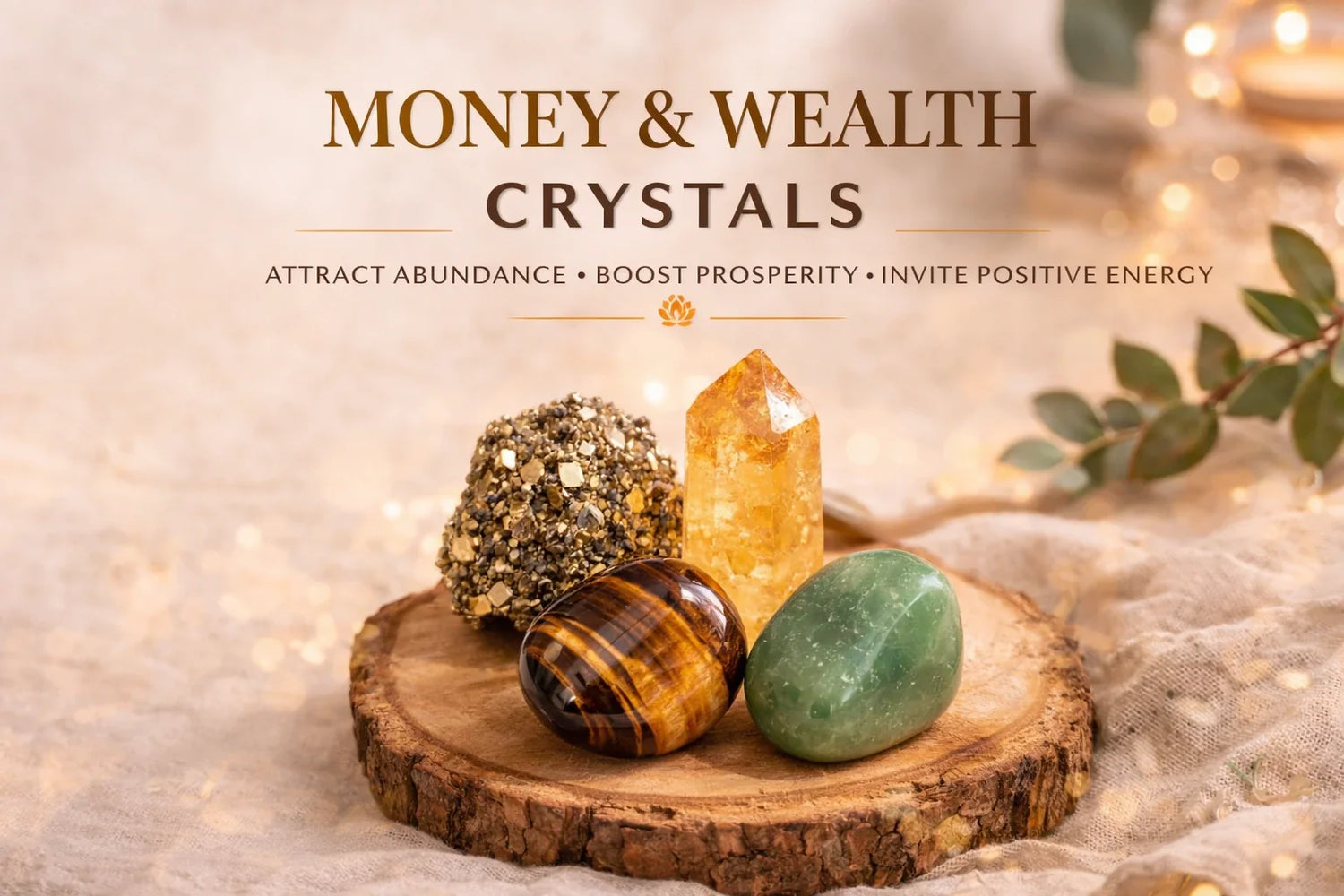 Money and wealth crystals collection featuring pyrite, citrine, tiger eye and green aventurine arranged on wooden base with warm lighting