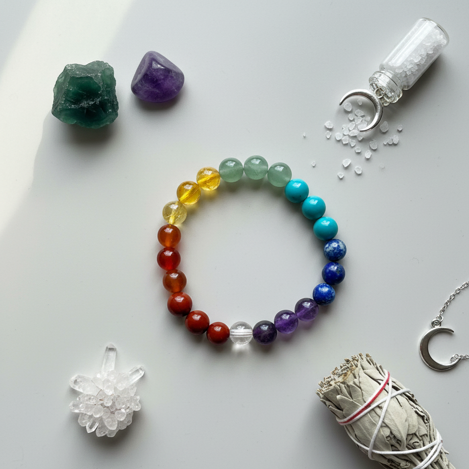 Original 7 Chakra Protection Bracelet handcrafted with natural healing stones for men and women.