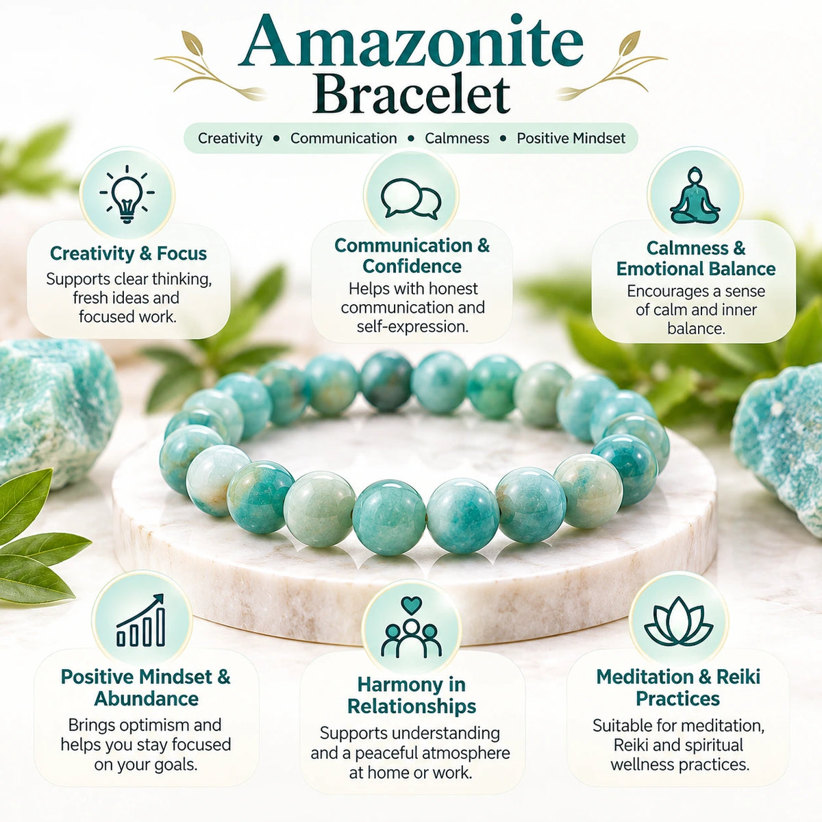 Natural Amazonite crystal bead bracelet with benefits including creativity and focus, communication and confidence, calmness and emotional balance, positive mindset and abundance, relationship harmony, and meditation and Reiki practices.