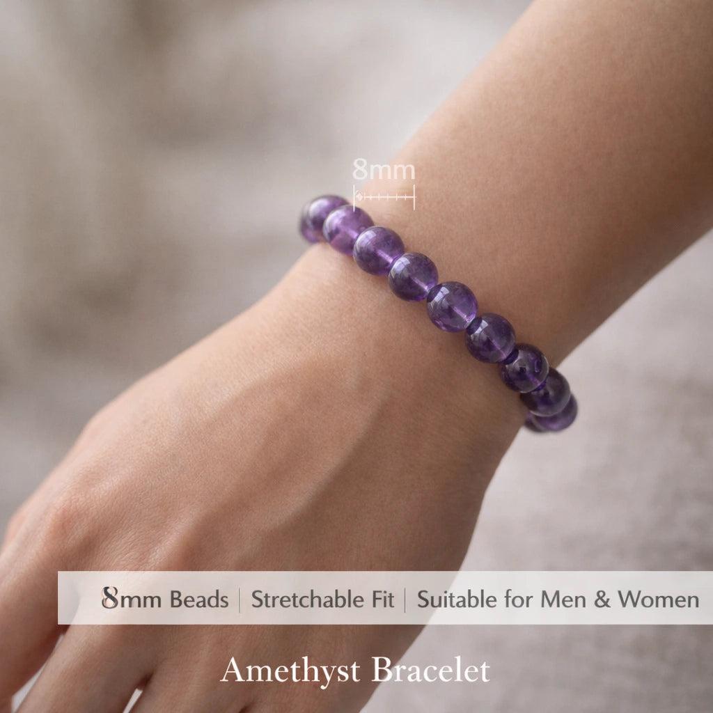 Person wearing amethyst bracelet with 8mm beads stretchable crystal bracelet for men and women