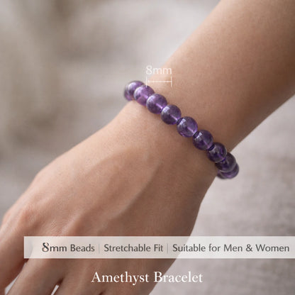 Person wearing amethyst bracelet with 8mm beads stretchable crystal bracelet for men and women