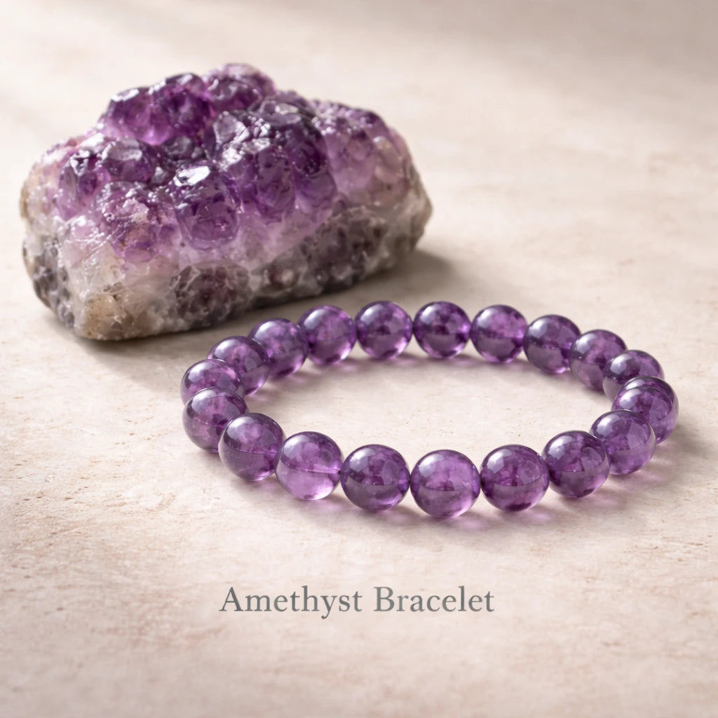 Amethyst bead bracelet placed beside raw amethyst crystal cluster on neutral background