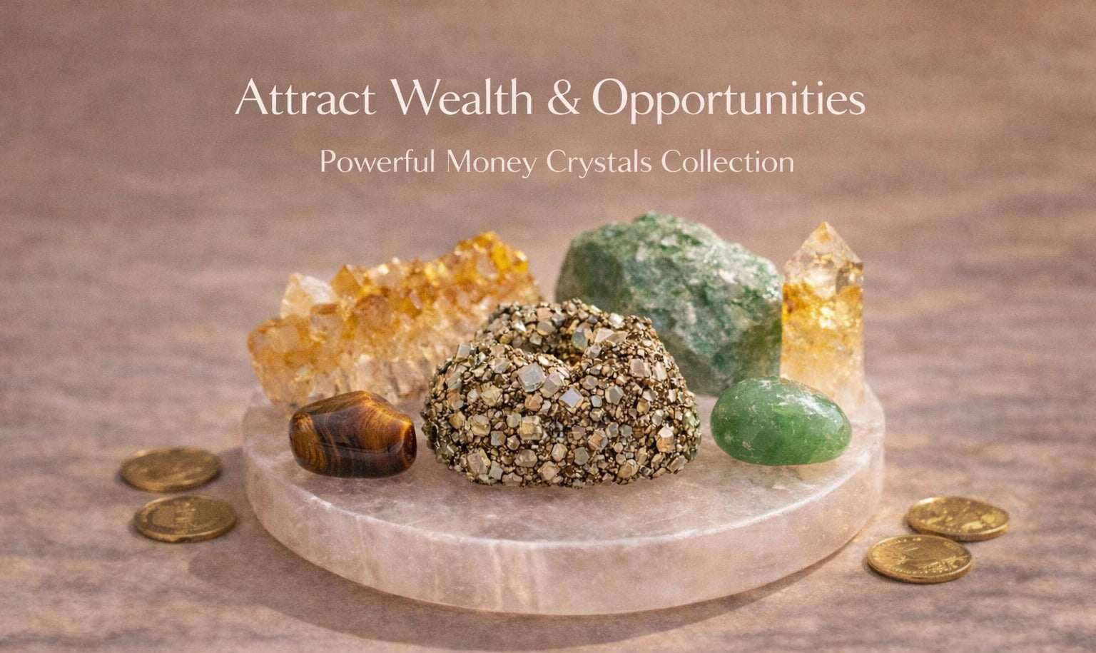 Luxury setup of money crystals including pyrite cluster on selenite plate, citrine, green aventurine and tiger eye with coins, symbolizing wealth and abundance