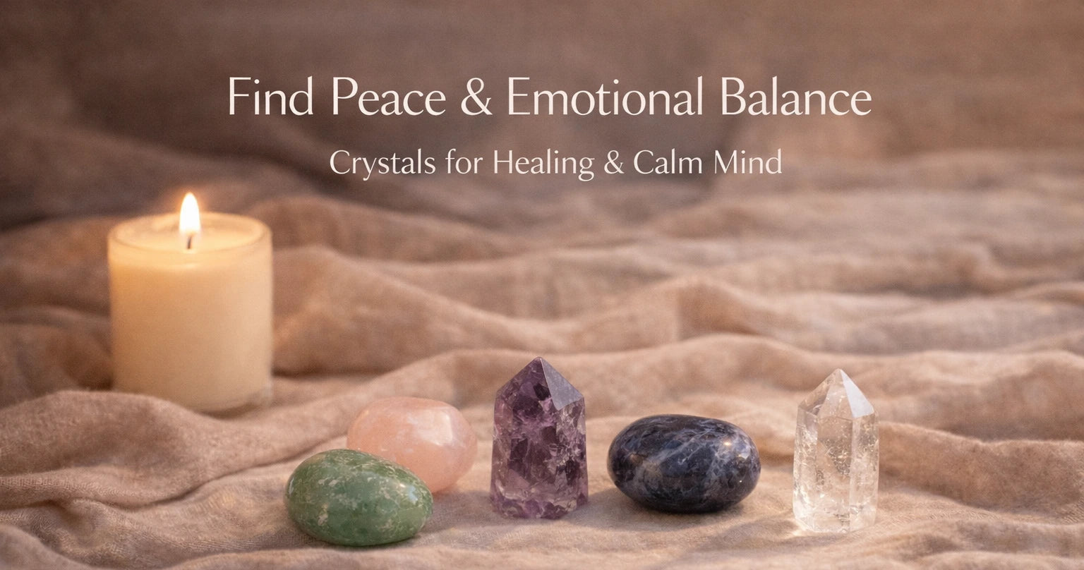 Meditation setup with healing crystals including amethyst, clear quartz, rose quartz, green aventurine and sodalite with candle on soft fabric background