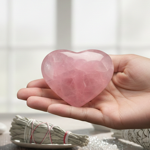 Energized and Reiki-charged Rose Quartz heart for Vastu southwest corner