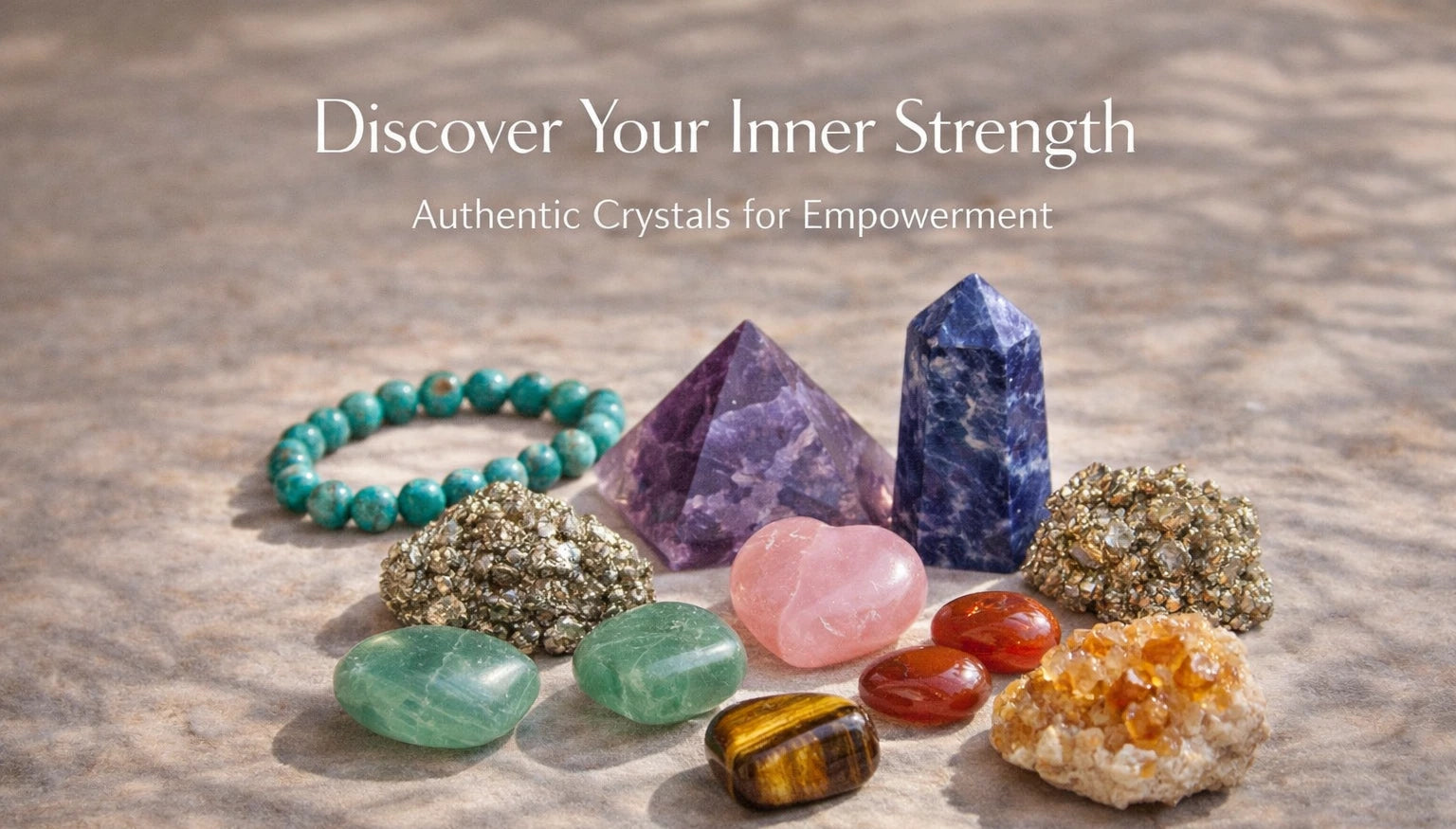 Luxury flat lay of healing crystals including amethyst pyramid, pyrite cluster, turquoise bracelet, green aventurine tumbles, tiger eye, sodalite tower, rose quartz heart, carnelian and citrine cluster on neutral background