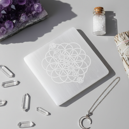 Buy 100% Natural Selenite Square/Round Charging Plates. Effortlessly cleanse and recharge your crystal bracelets, rings, and malas. Reiki-energized for Vastu & Healing.