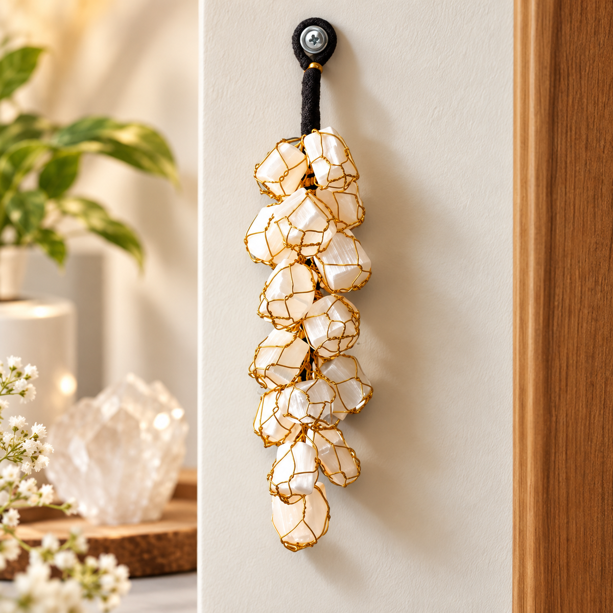 Selenite crystal hanging featuring natural-looking white crystal pieces wrapped in golden wire with a black hanging cord, ideal for meditation spaces and spiritual home décor.