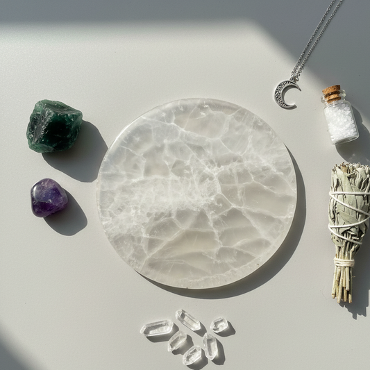Buy 100% Natural Selenite Square/Round Charging Plates. Effortlessly cleanse and recharge your crystal bracelets, rings, and malas. Reiki-energized for Vastu & Healing.