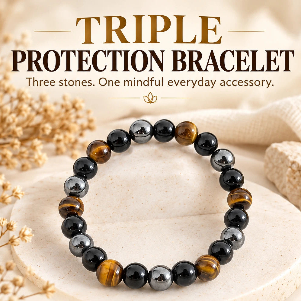 Triple protection crystal bracelet featuring black obsidian, hematite, and tiger’s eye beads, designed for grounding, focus, stability, and confidence.