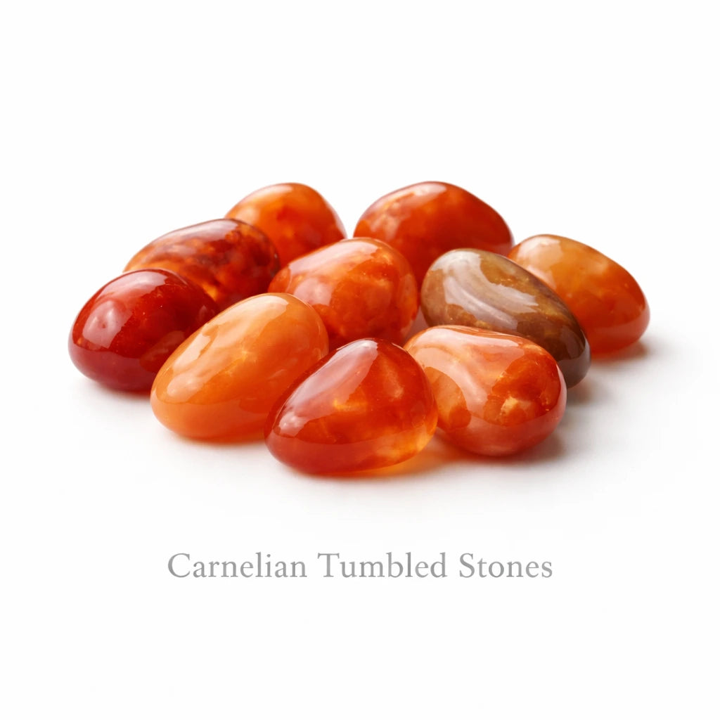 Carnelian tumbled stones natural polished orange crystal stones on white background used for energy confidence and motivation