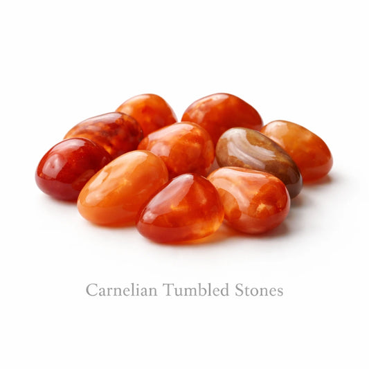 Carnelian tumbled stones natural polished orange crystal stones on white background used for energy confidence and motivation