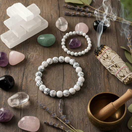 Authentic Howlite gemstone bracelet for meditation and Crown Chakra healing