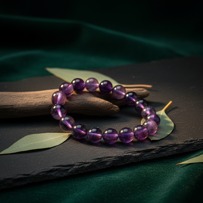 Authentic 8mm deep purple Amethyst beaded bracelet for stress relief and crown chakra healing on a clean Black background.