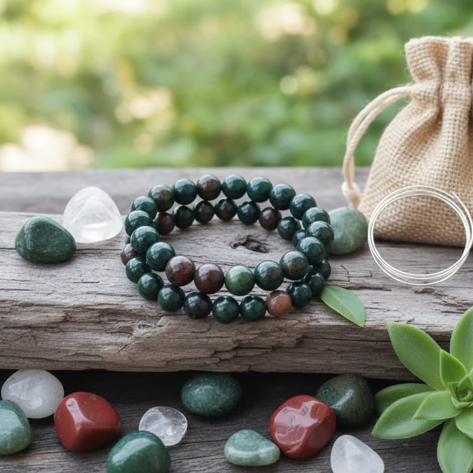 100% Natural Bloodstone bracelet with forest green and red jasper beads for grounding and vitality.