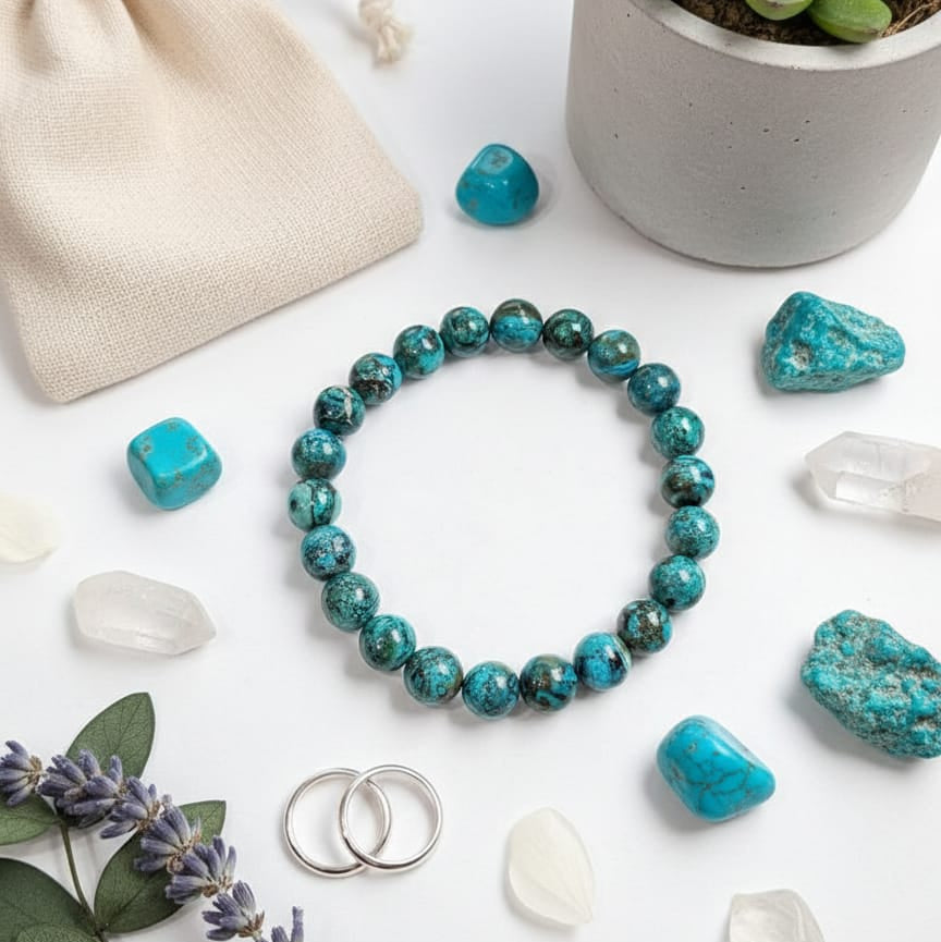 Natural blue-green Chrysocolla stone bracelet for throat chakra healing and clear expression