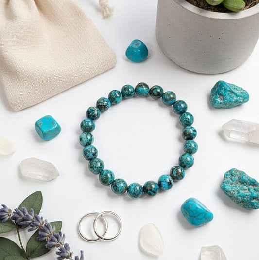 Natural blue-green Chrysocolla stone bracelet for throat chakra healing and clear expression