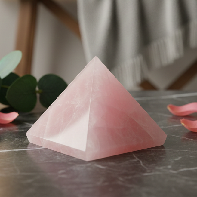 Natural pink Rose Quartz pyramid for attracting love and relationship harmony
