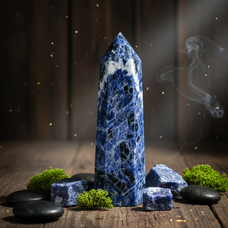 Natural royal blue Sodalite tower for mental clarity and office focus