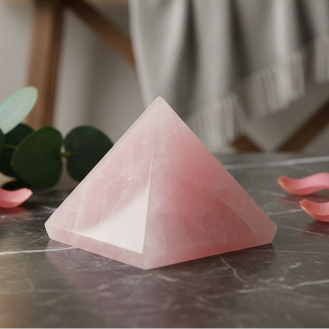 High-quality Rose Quartz pyramid for Vastu correction and home peace
