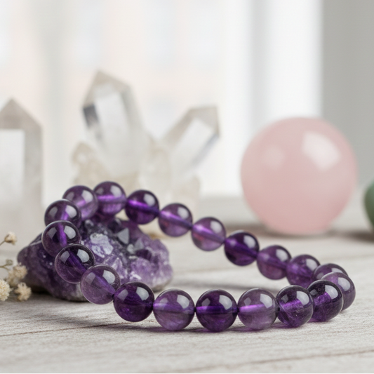 An energized Amethyst healing bracelet placed next to a sage bundle, used for meditation, intuition, and peace.