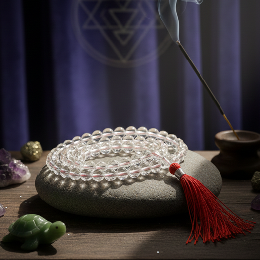 Energized and Reiki-charged Clear Quartz mala for student concentration