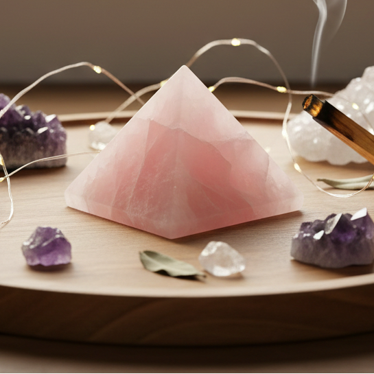 Energized and Reiki-charged Rose Quartz healing pyramid for Heart Chakra meditation