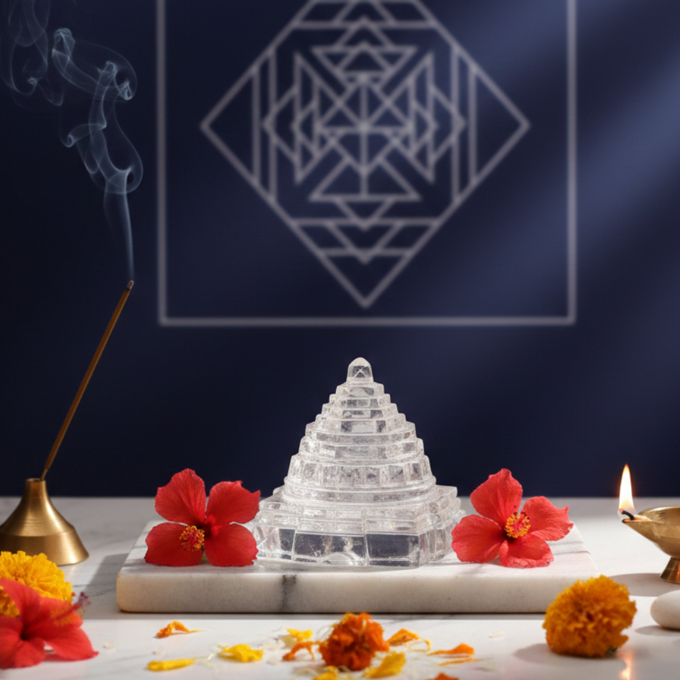 Energized and Reiki-charged Sphatik Shree Yantra for manifesting abundance and peace
